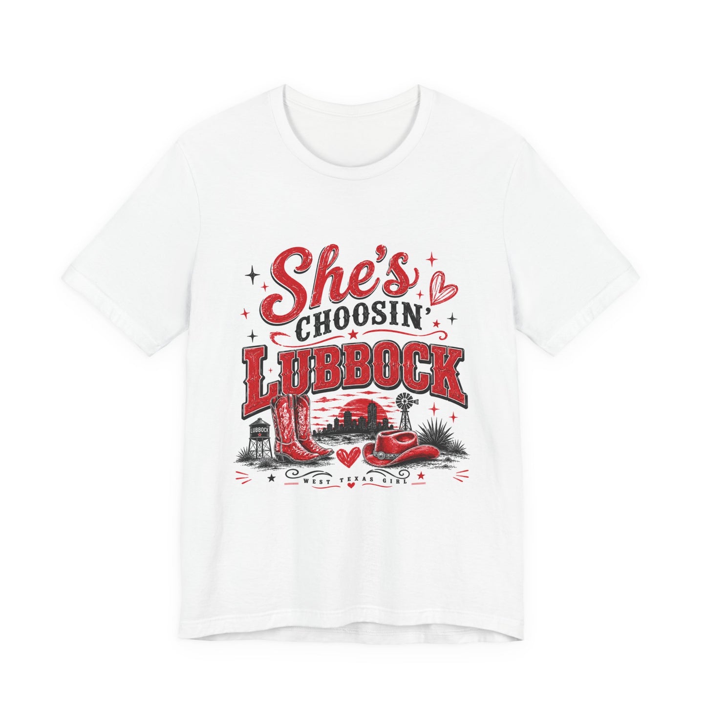 “She’s Choosin’ Lubbock” Red Tee (West Texas Girl)