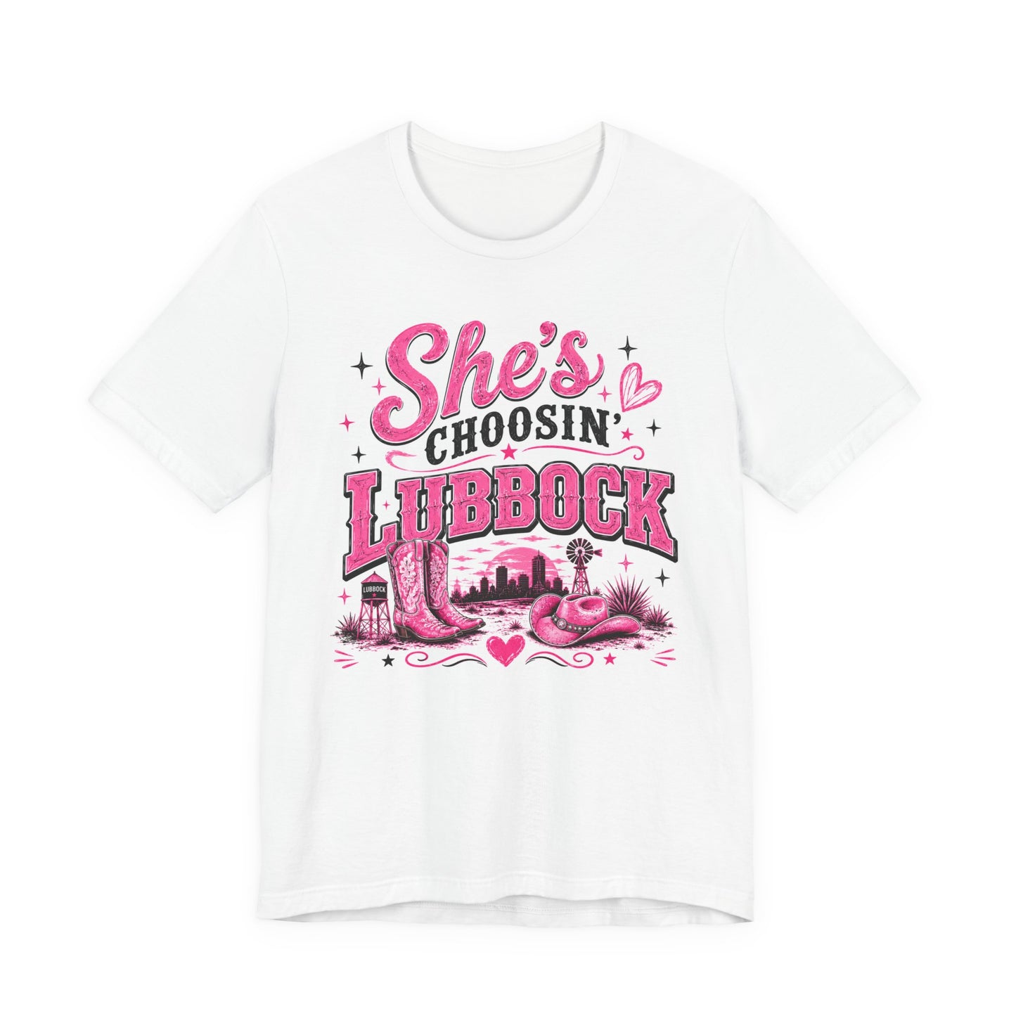 “She’s Choosin’ Lubbock” Pink Tee