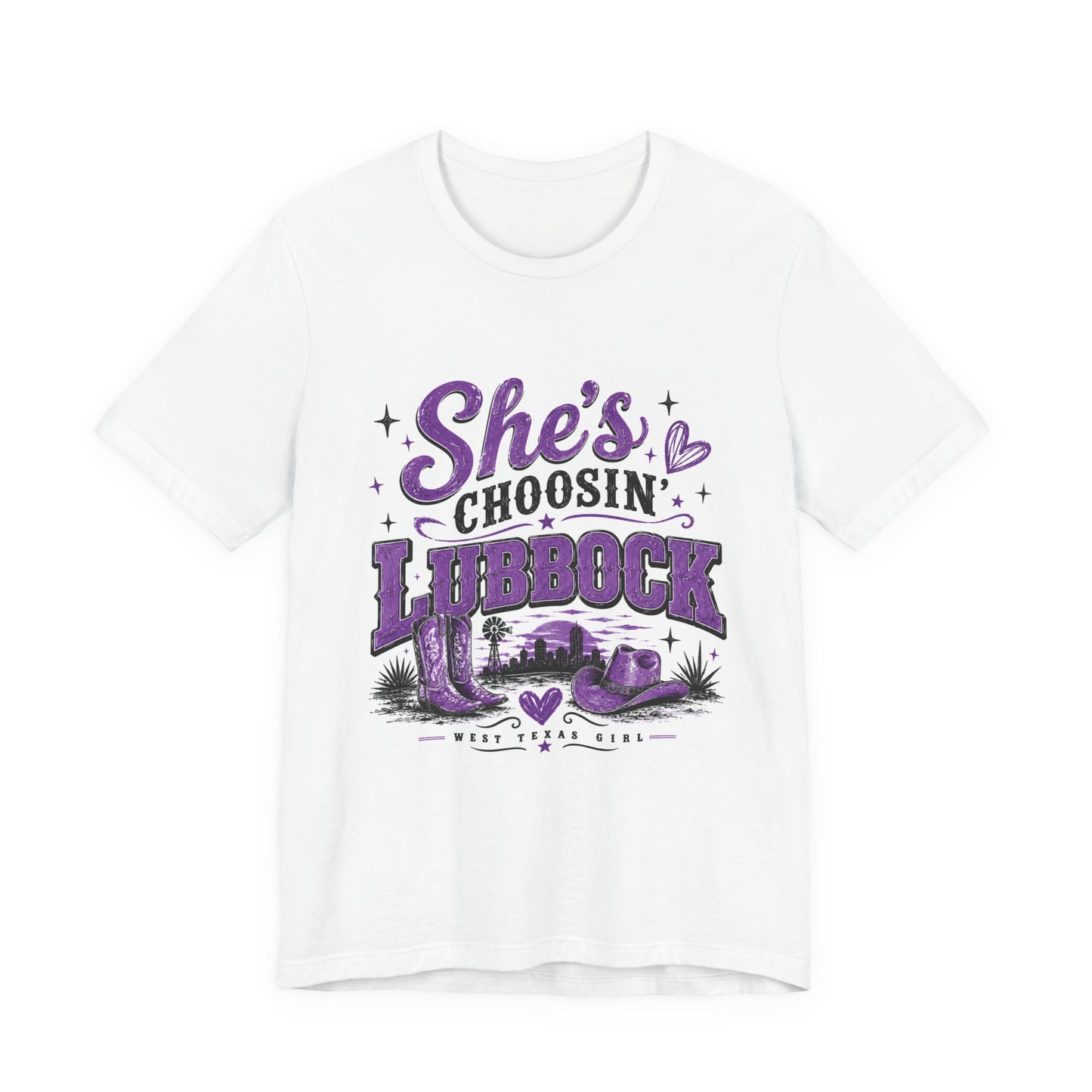 “She’s Choosin’ Lubbock” Purple Tee (West Texas Girl)