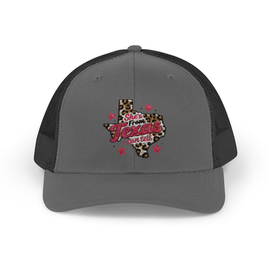 She’s From Texas Glitter Leopard Snapback Trucker Cap