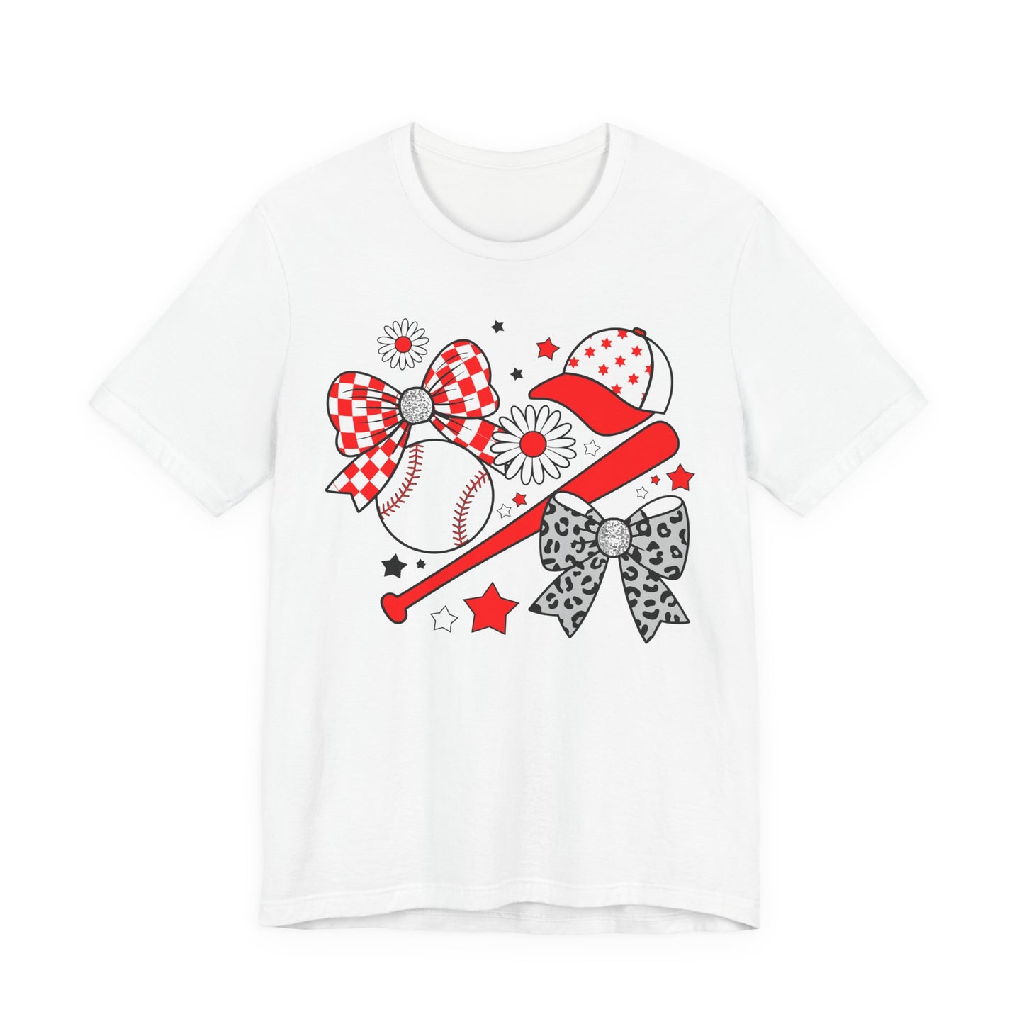 Red & Black with Bat, Ball, Bows, and Daisies Tee
